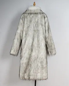 Detailed back view of a men's long faux fur coat featuring a grey and white variegated texture
