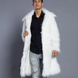 Stylish men's long white faux fur winter coat featuring a classic square collar design