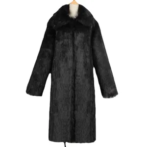 Elegant men's long faux fur coat with square collar and warm black finish for winter