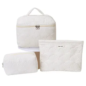 Cream white shell quilted makeup bag set with large capacity for portable travel storage