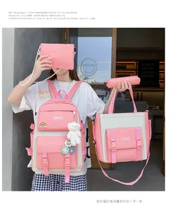 Elegante set di 5 zaini rosa per studenti con zaino, borsa tote, astuccio e borselli