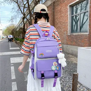 Zaino scolastico viola stile coreano con simpatico portachiavi a forma di orsetto
