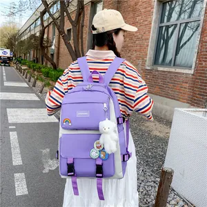 Dettaglio di uno zaino scolastico viola con un simpatico orsetto di peluche e pin colorate.