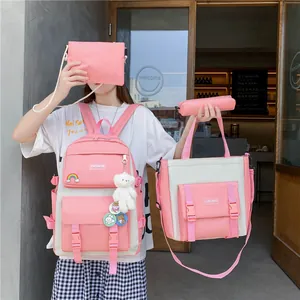 Set di 5 zaini scolastici rosa per studenti, grande capacità e stile moderno.