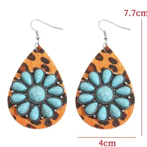 Retro western teardrop earrings with leopard leather and turquoise stone flower detail