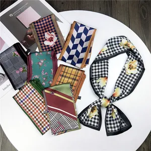 Women Korean Chic Floral Printed Long Narrow Scarf Houndstooth Geometric Bag Ribbon Hair Band Neck Scarf Polyester Satin Twilly