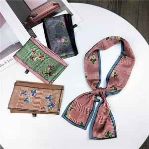 Assorted chic floral plaid skinny silk scarves for women stylish bag decoration ribbons