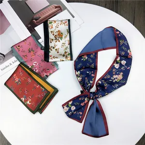 Elegant floral print skinny silk scarf ribbon accessory for neck or handbag handle decoration