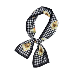 Elegant floral houndstooth skinny silk neck scarf for women fashion bag ribbon
