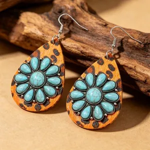 Western retro teardrop earrings with turquoise flower on leopard print leather
