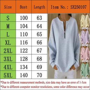 Size chart for women's striped long sleeve top with zipper V-neck detail