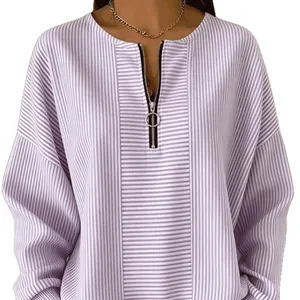 Top casual a maniche lunghe a righe con cerniera frontale e spalle scese per donna