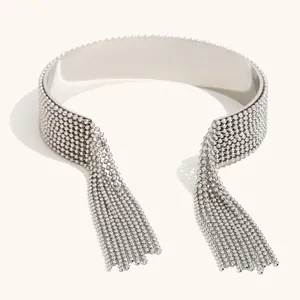 Bracciale rigido in acciaio inossidabile con eleganti nappe a frangia di perline argento