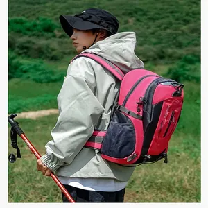 Wanderer mit pinkfarbenem Wanderrucksack auf einer grünen Wiese bei Tageslicht