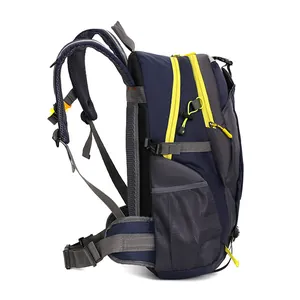 Professional outdoor hiking backpack in blue and gray with ergonomic straps side view.