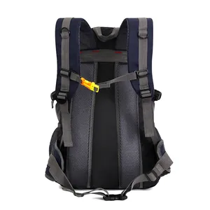 Detailed back view of navy blue outdoor hiking backpack with padded mesh shoulder straps