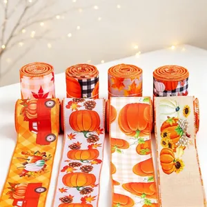 Thanksgiving Harvest Pumpkin Maple Leaf Plaid Ribbon 4.5m Autumn Theme Imitation Linen Printed Webbing For Holiday Home Decor