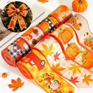 Autumn harvest theme linen ribbon with pumpkin and maple leaf prints for Thanksgiving.