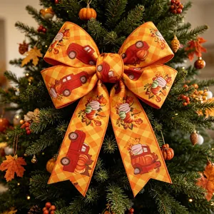 Large autumn harvest bow with vintage red truck and pumpkin prints for holiday decoration