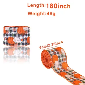 Decorative Autumn Thanksgiving pumpkin and maple leaf linen ribbon for crafts, 180 inch