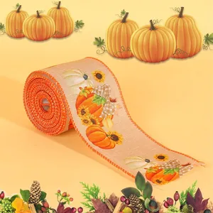 Pumpkin and sunflower printed linen ribbon for autumn harvest and Thanksgiving decor.