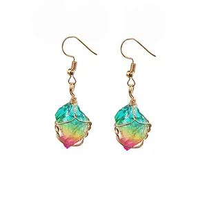 Handmade Natural Raw Crystal Wire Wrapped Hook Earrings For Women Vintage Irregular Rainbow Stone Amethyst Healing Dangle Earrings