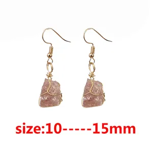 Boho style irregular wire-wrapped natural pink raw crystal drop earrings, 10-15mm