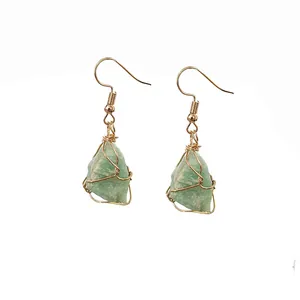 Bohemian handmade wire wrapped natural green raw stone drop earrings with gold plated hooks