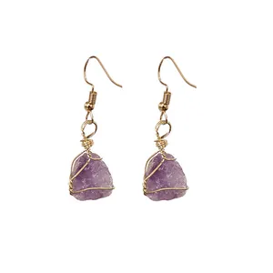 Handmade wire wrapped raw purple amethyst stone drop earrings for women in gold finish