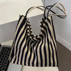Sac à Épaule en Toile Rayée Grande Capacité pour Femmes Sac Fourre-tout Artistique Minimaliste Sac à Main Style Décontracté Quotidien
