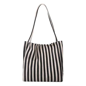 Grand sac cabas en toile à rayures verticales noires et blanches pour femme tendance