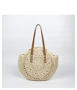 Handmade Bohemian round woven straw shoulder tote bag for summer beach vacations