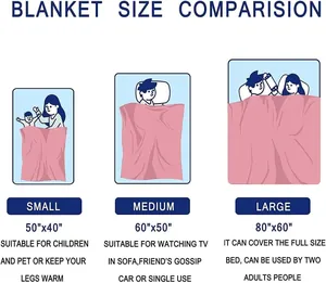 Flannel blanket size comparison chart showing small, medium and large dimensions