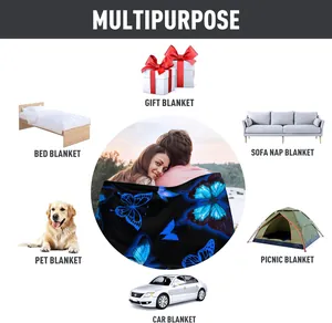 Multipurpose flannel blanket with blue butterfly print shown in various usage scenarios