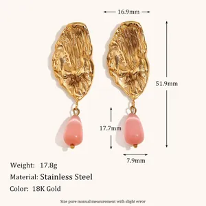 18K gold plated stainless steel irregular textured earrings with pink drop stone