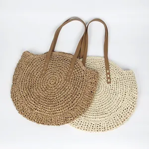 Women Handwoven Round Paper Straw Tote Bag Bohemian Beach Vacation Shoulder Bag Large Capacity Woven Handbag With Zipper