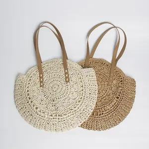 Minimalist Bohemian circular woven straw tote bags perfect for summer beach vacations