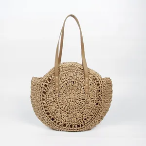 Elegant minimalist bohemian round straw woven shoulder bag for summer beach holidays