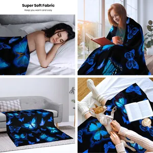 Cozy flannel blanket with vibrant blue butterfly patterns in multiple lifestyle settings