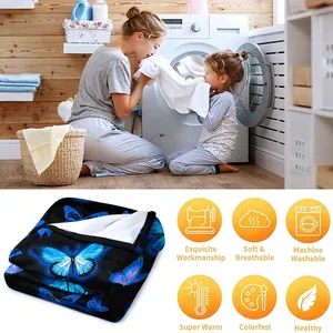Cozy flannel blanket with blue butterfly digital print shown in a home lifestyle setting