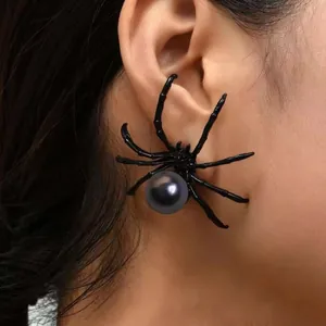 Halloween Gothic Black Spider Stud Earrings Women Personality Alloy Artificial Pearl Statement Jewelry Accessory