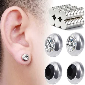 Magnetic stainless steel stud earrings with faceted clear and black stones for non-pierced ears