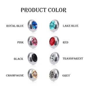 Collection of various colored crystal stud earrings made from polished stainless steel