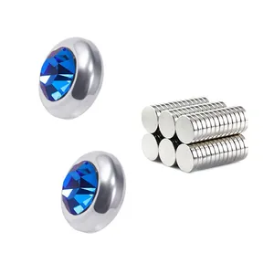 Magnetic stainless steel stud earrings with blue crystals for non-pierced ears