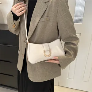 Elegant minimalist French style underarm baguette bag with gold buckle for women