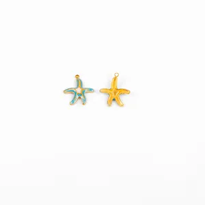Pair of minimalist stainless steel starfish pendants with blue and gold enamel finish