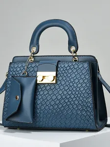 Elegante borsa blu da donna con motivo a rilievo, doppia tasca e manico superiore