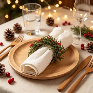 Christmas Napkin Ring Artificial Pine Needle Red Berry Wreath Table Setting Decor Holiday Party