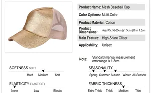 Dettaglio cappello baseball glitter oro con specifiche di dimensioni e materiali tecnici