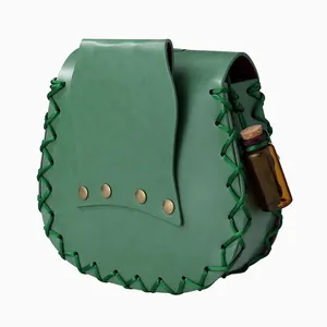 Detail of green steampunk belt pouch with woven rope edges and small potion bottle